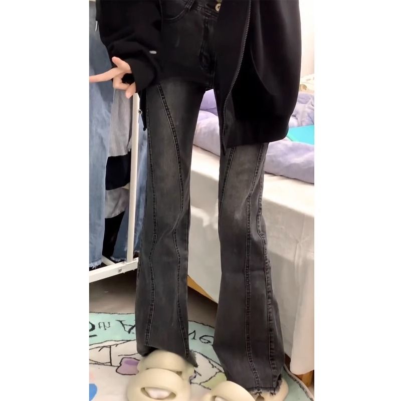 復古彈力毛邊牛仔褲女秋季2023新款長褲小個子修身顯瘦微喇叭褲子