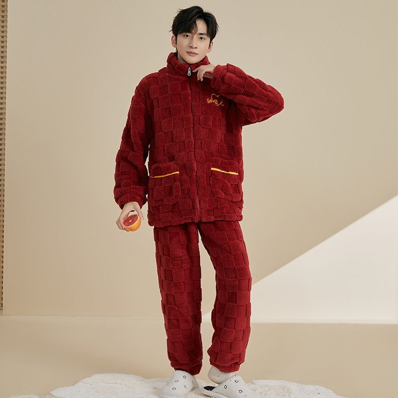 新款高档珊瑚绒男士睡衣秋冬季法兰绒红色套装保暖绒家居服可外穿