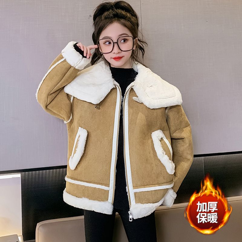 Girls' plush fur coat autumn and winter 2023 new style medium and large children's style jacket children's thickened lamb wool top