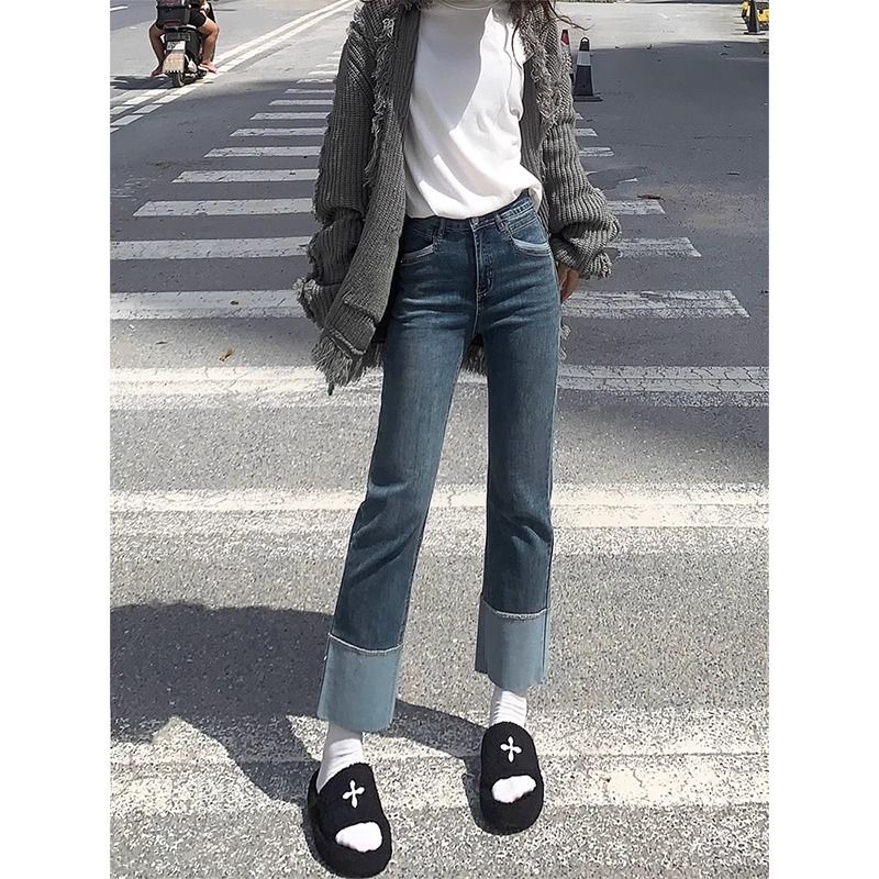 復古藍卷邊直筒牛仔褲女2023秋季新款高腰顯瘦修身彈力九分煙管褲