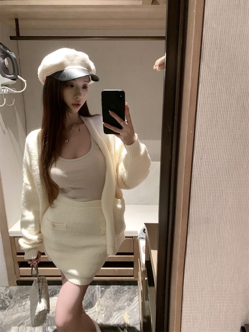 時尚甜辣兩件套女秋冬爆款洋氣百搭寬鬆外搭針織外套+顯瘦包臀裙
