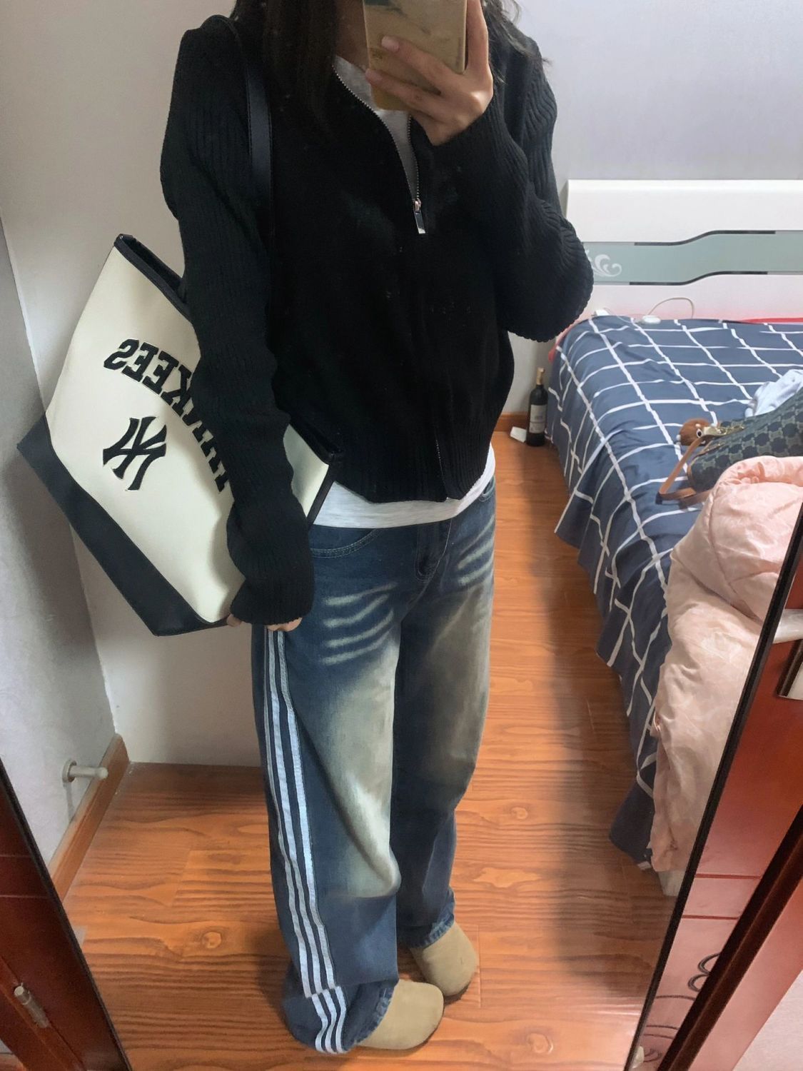 復古水洗條紋闊腿牛仔褲女設計感三條槓高街美式寬鬆直筒闊腿褲子