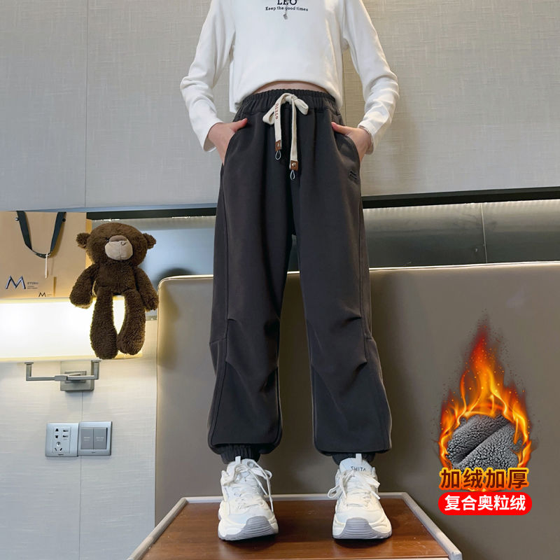 女童休閒褲秋冬2023新款中大童寬鬆百搭長褲兒童運動束腳褲子加絨