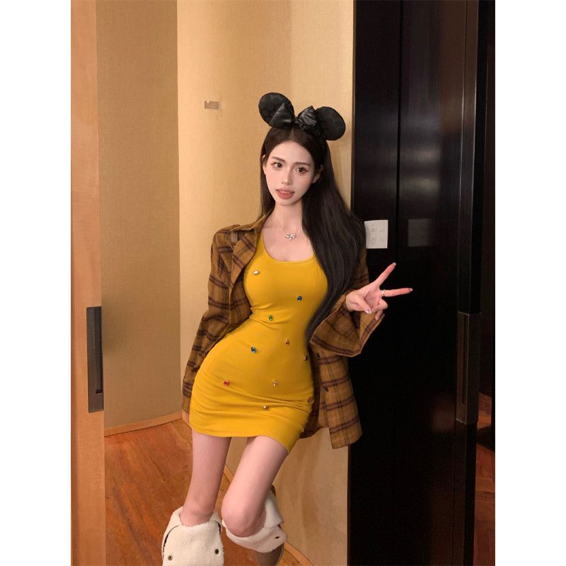 純欲風彩鑽背心連衣裙女秋季收腰修身甜辣妹包臀短裙內搭裙子