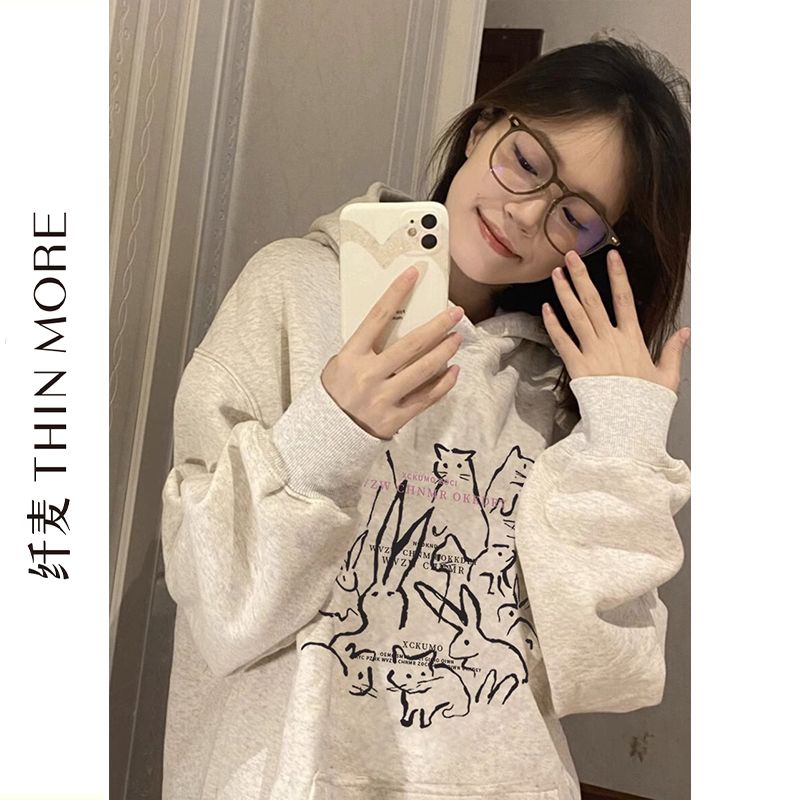 纖麥重磅純棉銀狐絨秋冬加絨加厚衛衣女2023爆款灰色連帽美式寬鬆