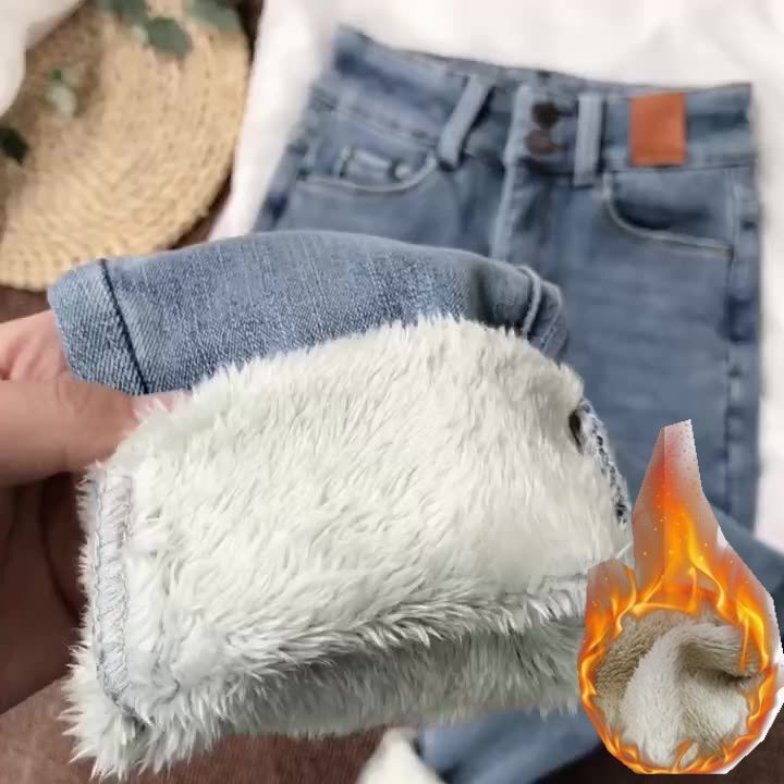 加厚巨保暖!淺藍色高腰加絨牛仔褲女冬顯瘦羊羔毛緊身小腳靴褲潮