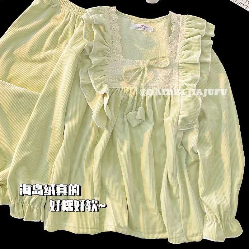 睡衣女款海島絨細絨秋冬季加厚加絨2023新款公主風甜美家居服套裝