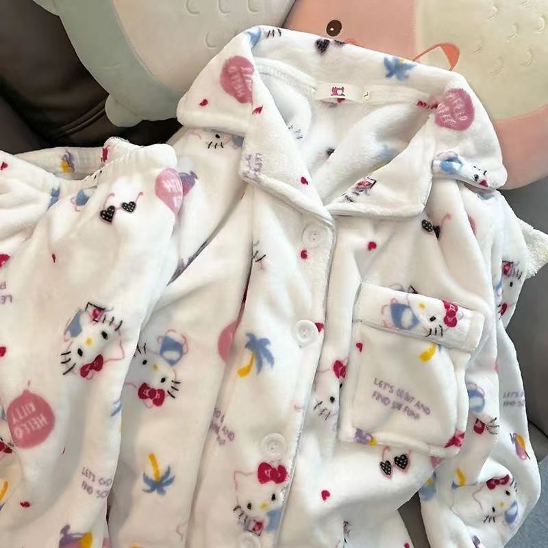睡衣女秋冬款珊瑚絨加絨加厚保暖卡通可愛KT貓保暖家居服外穿套裝