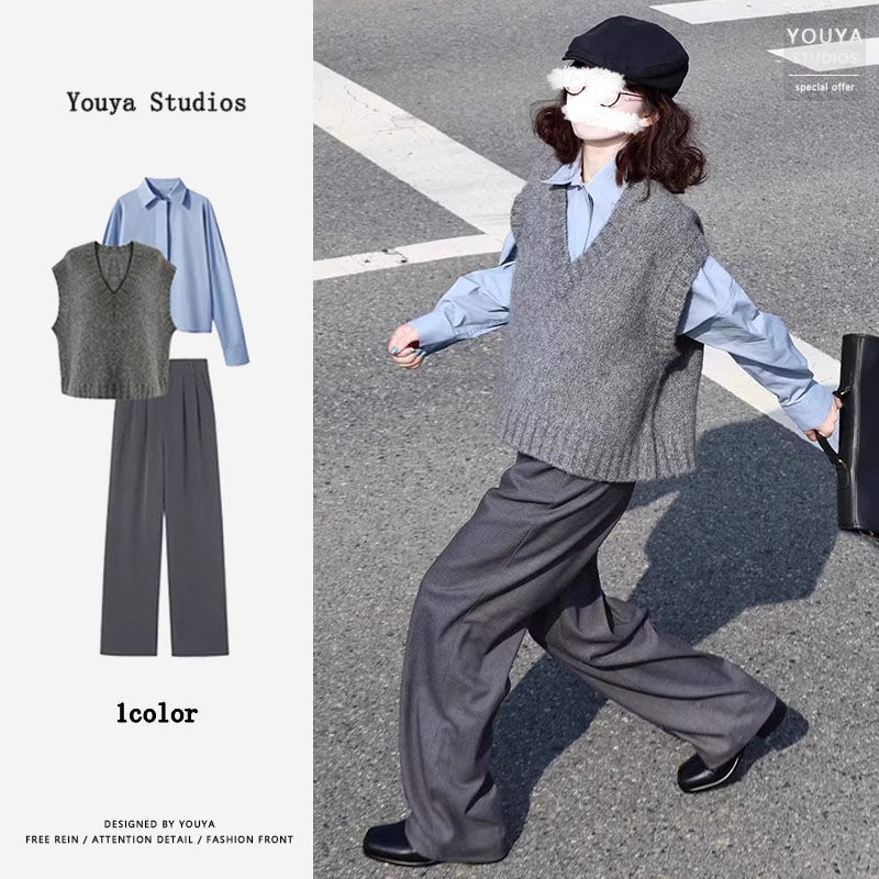 秋季褲子女2023年新款早秋穿搭套裝學院風襯衫馬甲秋裝搭配一整套