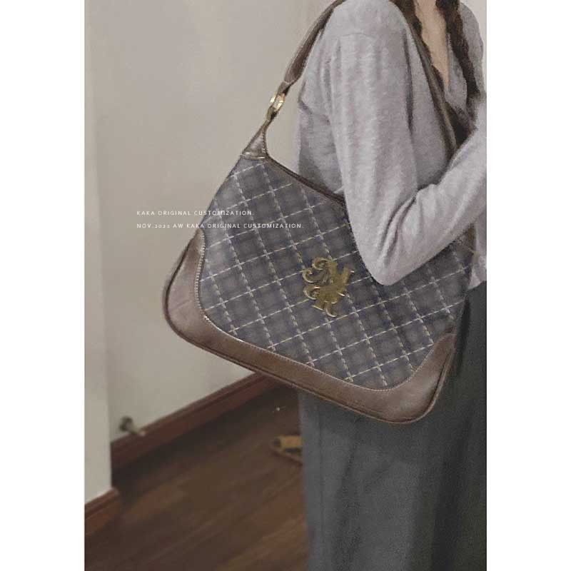 Maillard retro armpit bag for women  new trendy Korean plaid baguette bag niche portable crossbody bag