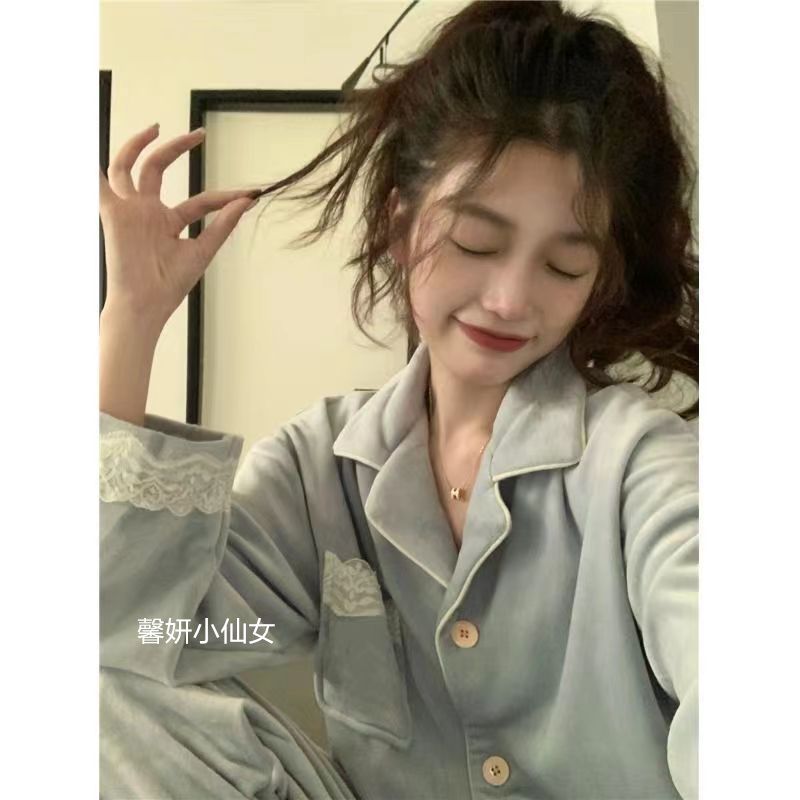 甜美蕾絲花邊睡衣女秋冬新款簡約小香風高級感長袖休閒家居服套裝