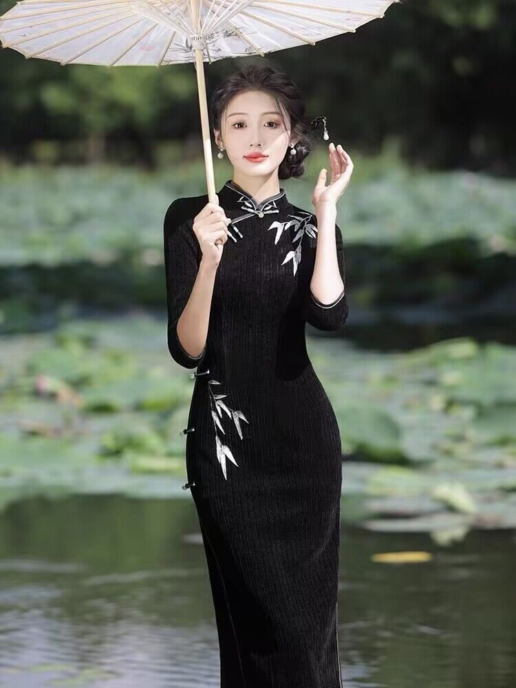 黑色旗袍2023年新款高端氣質國風竹子刺繡連衣裙復古長袖秋冬顯瘦