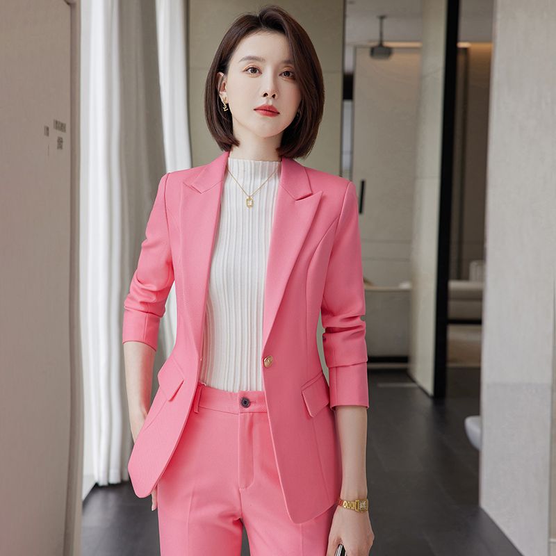 粉色西裝套裝女秋冬2023新款高級感小個子氣質休閒職業正裝工作服