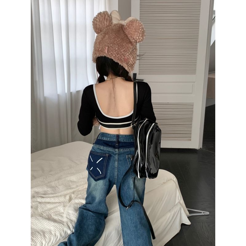 拼接設計感拖地直筒牛仔褲女秋冬季新款高腰寬鬆顯瘦顯高闊腿褲女