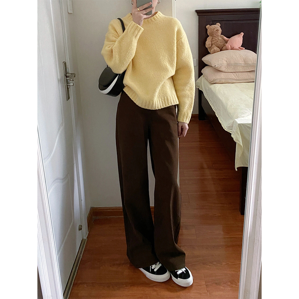 美拉德穿搭咖色闊腿牛仔褲女秋冬新款復古高腰顯瘦寬鬆拖地褲子潮