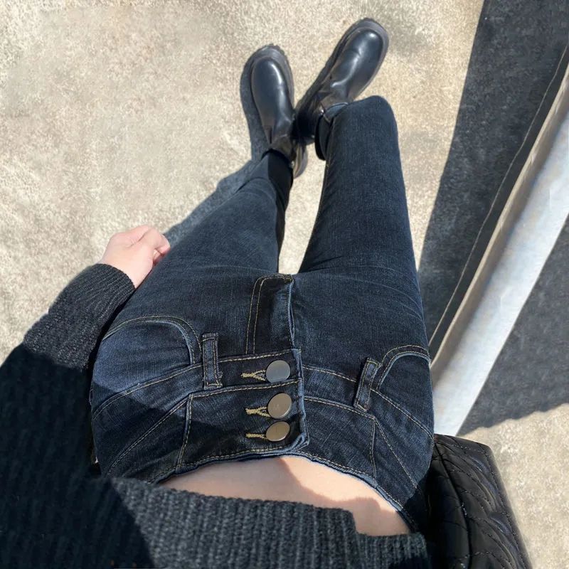 【彈力】牛仔褲女春秋冬季高腰修身彈力緊身加絨加厚鉛筆小腳長褲
