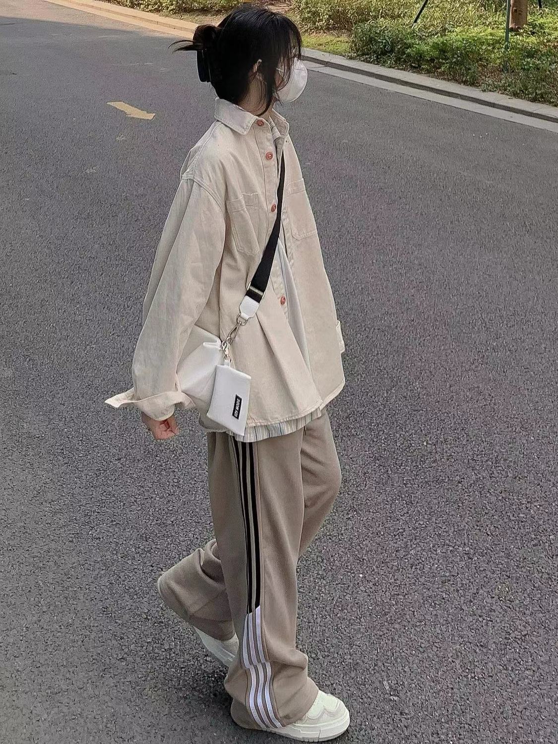 雙口袋杏色純棉襯衫內搭女春秋款寬鬆百搭顯瘦襯衣外套長袖上衣服