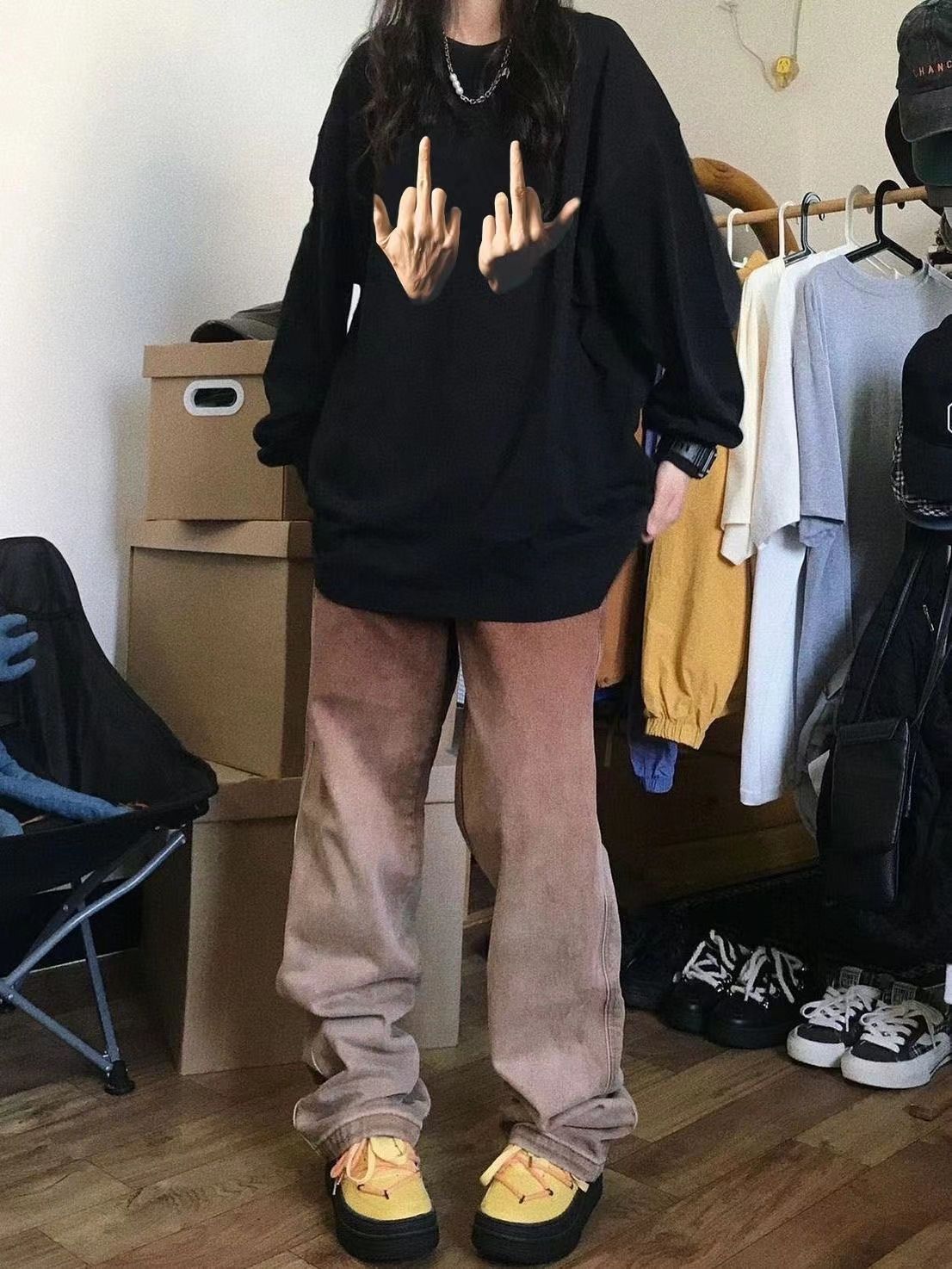 100%純棉美式高街潮牌中指印花長袖t恤女設計感ins風打底衫上衣潮