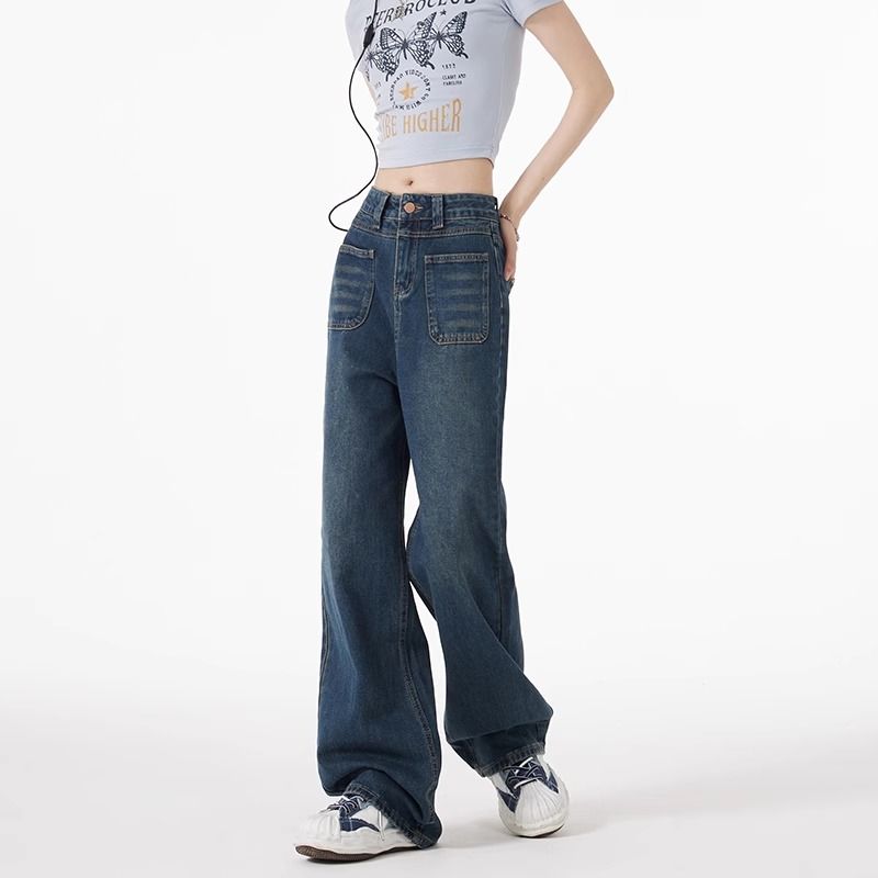 設計感復古藍直筒牛仔褲女2023秋季新款高腰遮胯顯瘦垂感闊腿長褲