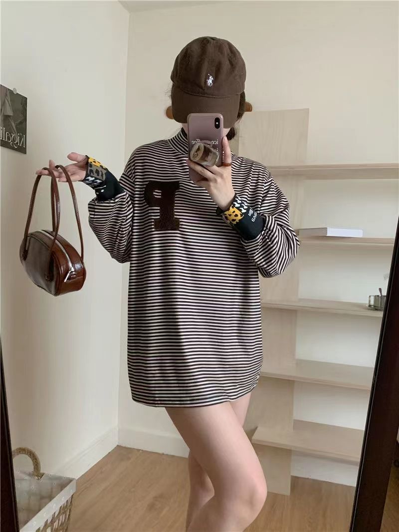 德絨高領打底衫秋冬慵懶風寬鬆中長款設計感小眾條紋長袖t恤女ins