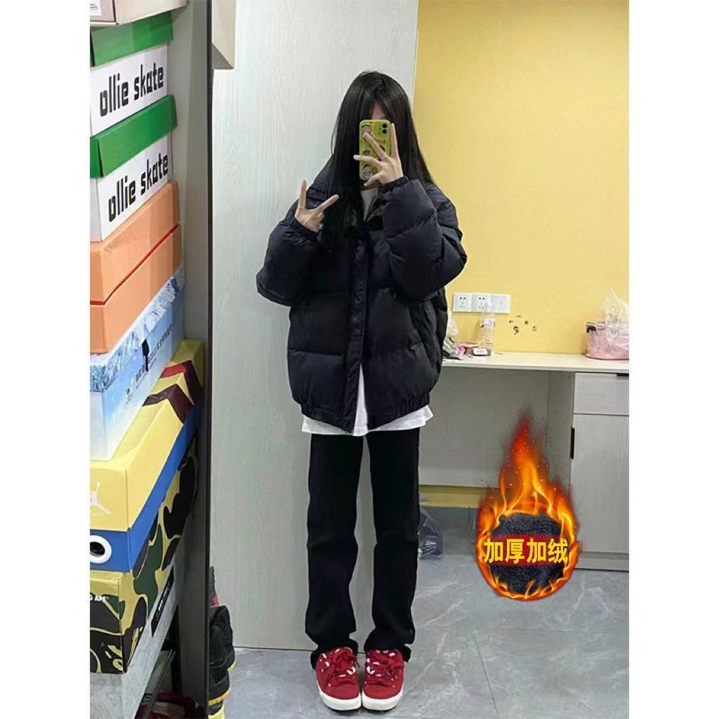 設計感黑色加絨牛仔褲女小個子高腰大碼胖mm百搭寬鬆顯瘦直筒長褲