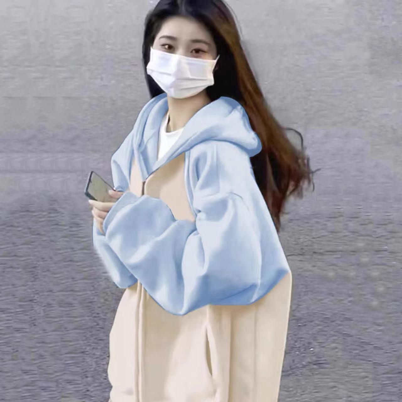 oversize慵懶風淺藍色連帽衛衣女寬鬆百搭顯瘦拉鏈外套開衫ins潮