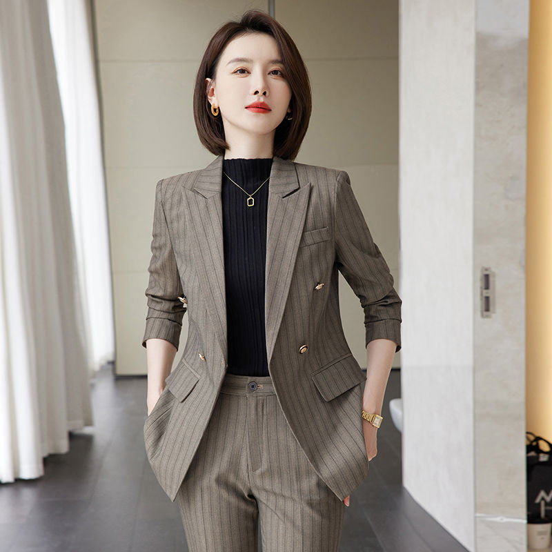 高端條紋西裝套裝女春秋職業面試正裝職場小個子女士西服外套工裝