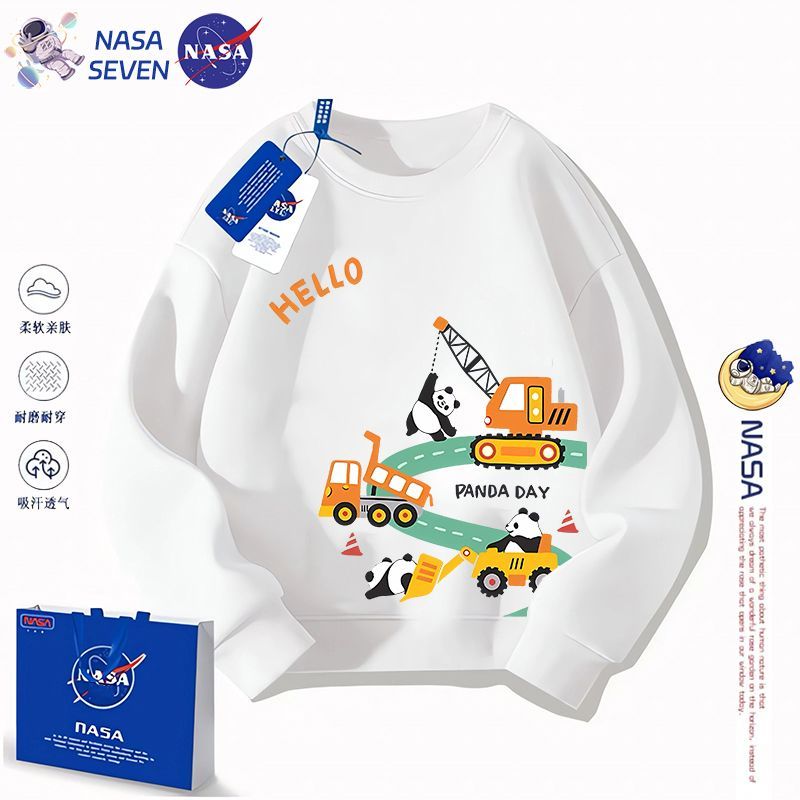 NASA Cartoon Panda Children's Sweater Fashionable Spring and Autumn Pure Cotton Long-Sleeved Boys and Girls Clothes Cute Excavator Top