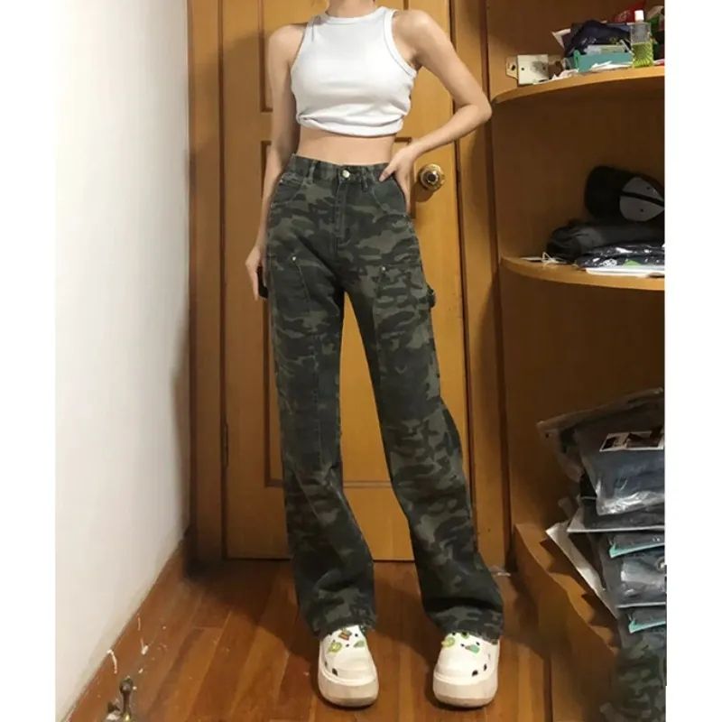 秋冬季高個子美式牛仔褲女辣妹高腰直筒寬鬆迷彩褲高街hiphop街舞