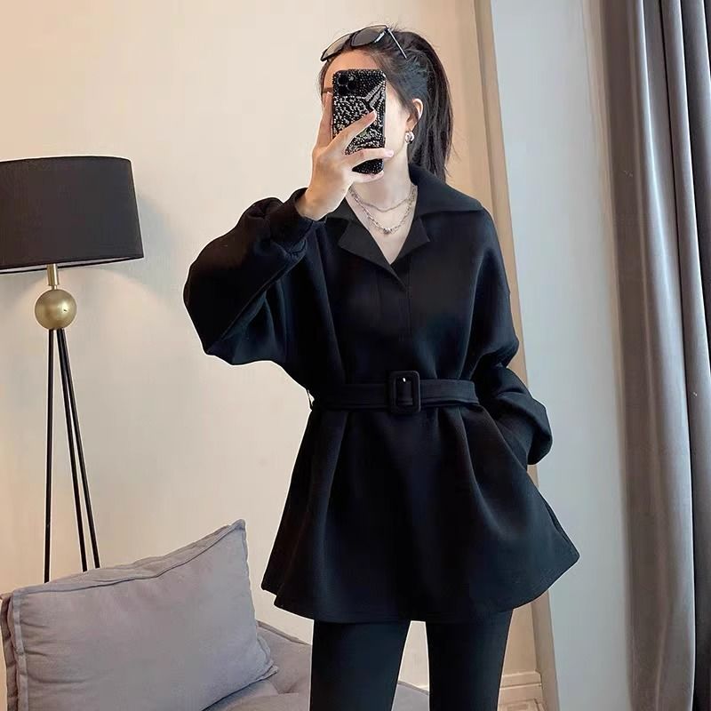 歐洲站春秋大碼女裝胖mm黑色西裝領收腰衛衣女小眾顯瘦上衣300斤