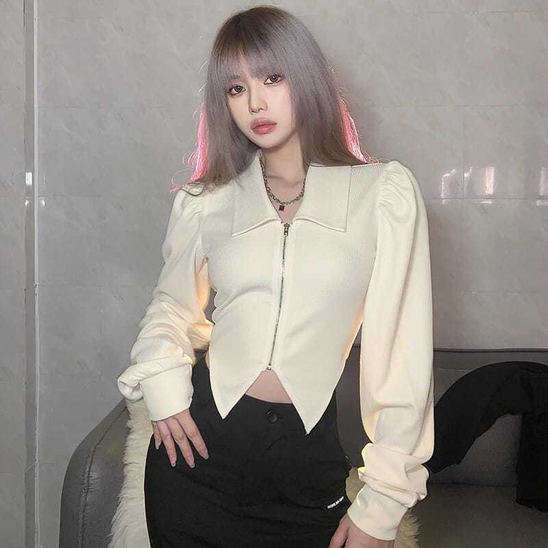 Retro Lapel Irregular Swallowtail Long Sleeve T-Shirt Versatile Slim Fit Tiramisu Chic Design Zipper Top for Women