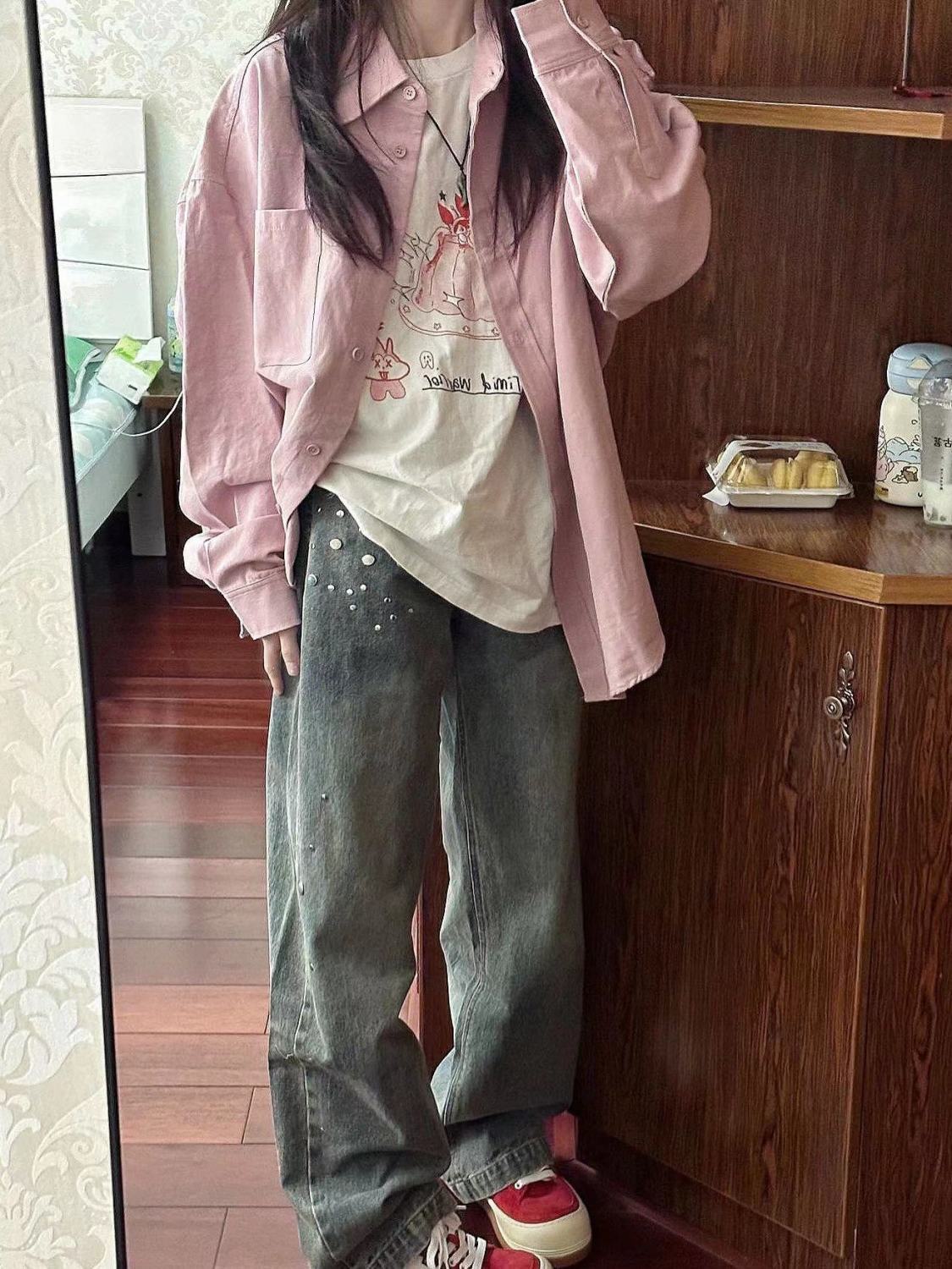 甜美減齡粉紫色純棉襯衫內搭女春秋款寬鬆顯瘦襯衣外套長袖上衣服