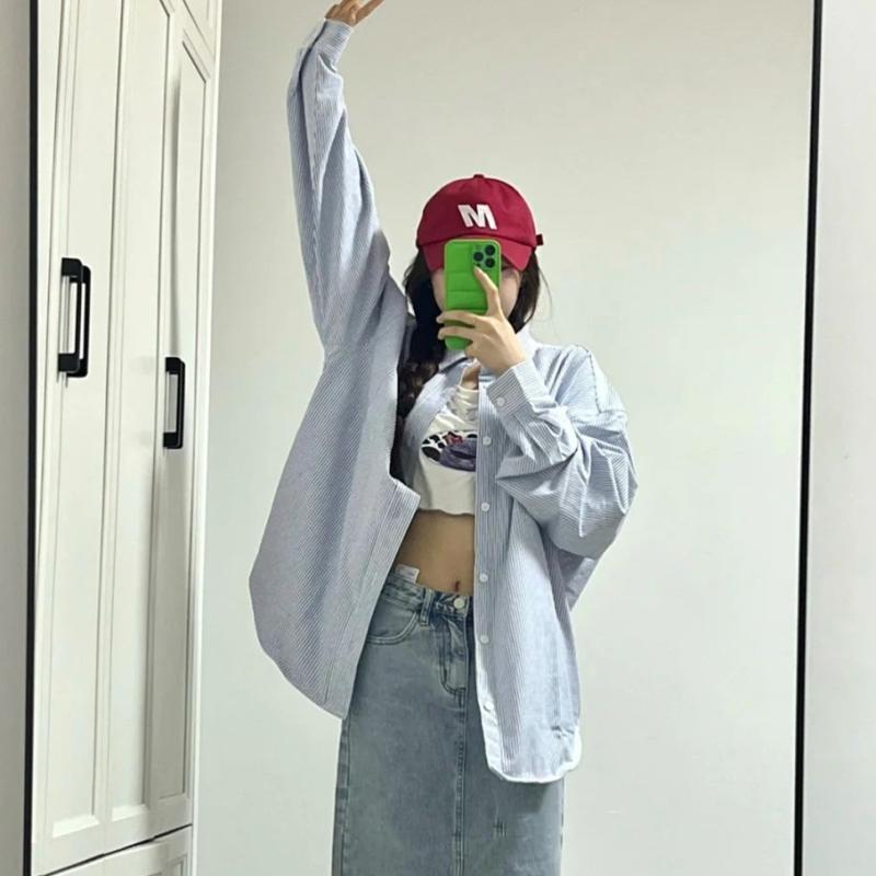 亦靜薄款防曬款格子襯衫外搭寬鬆紐扣甜美學院風POLO衫襯衣外套bf