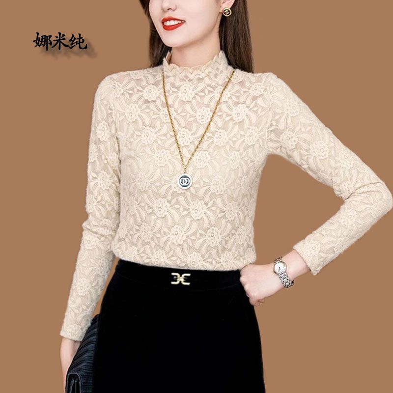 加絨加厚磨毛蕾絲打底衫女2023秋冬新款半高領蕾絲衫內搭外穿上衣