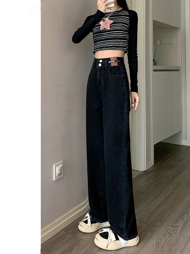 YSYOURS高腰窄版闊腿牛仔褲女設計感大碼百搭寬鬆顯瘦直筒拖地褲