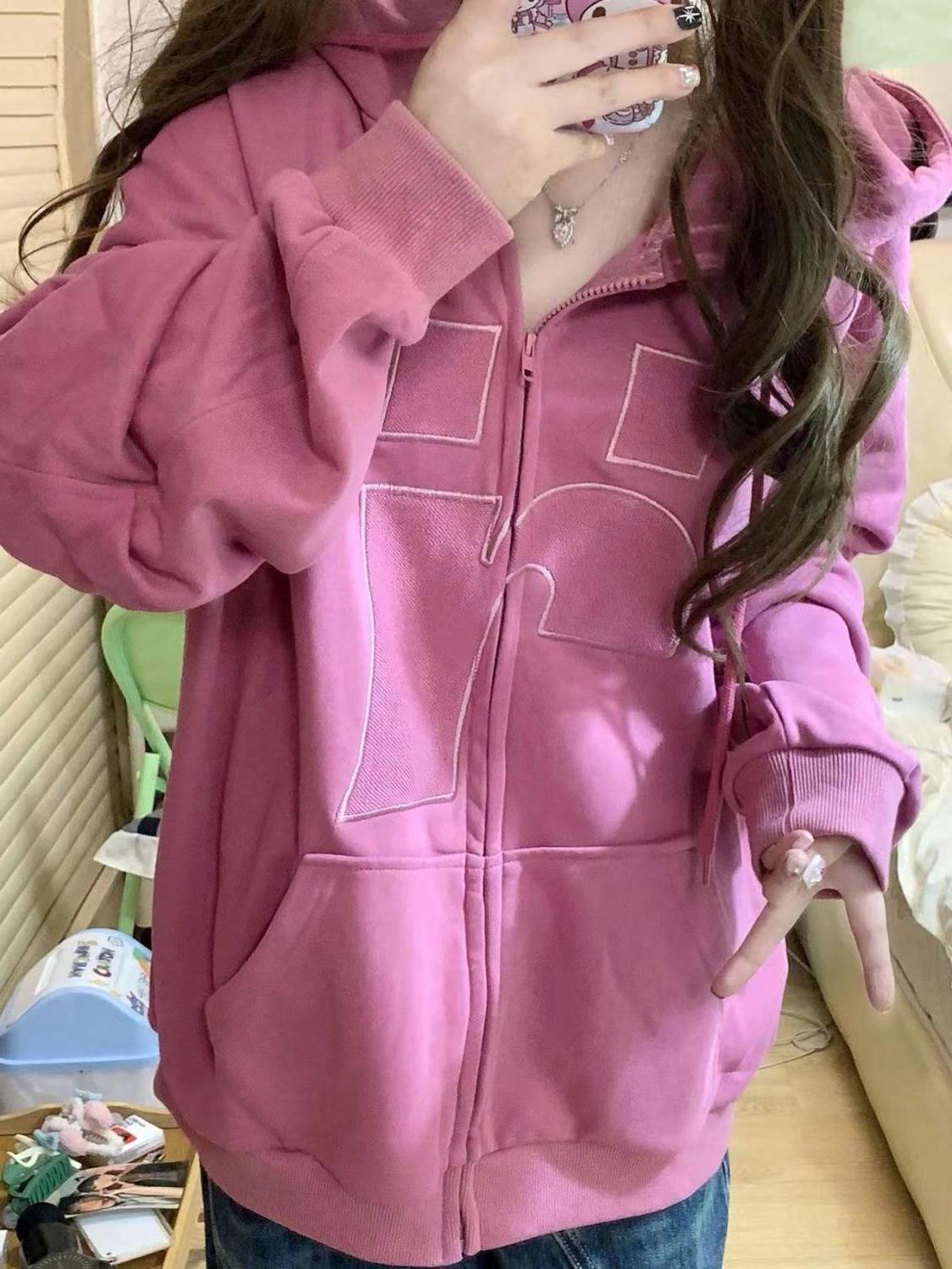 梅粉色連帽衛衣女春秋款oversize寬鬆垂墜感慵懶拉鏈外套開衫ins
