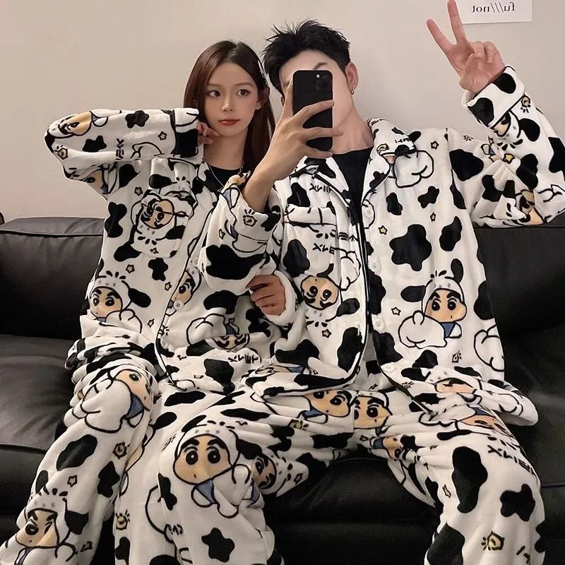 情侶睡衣女秋冬季蠟筆小新珊瑚絨家居服男士冬天保暖加絨加厚套裝