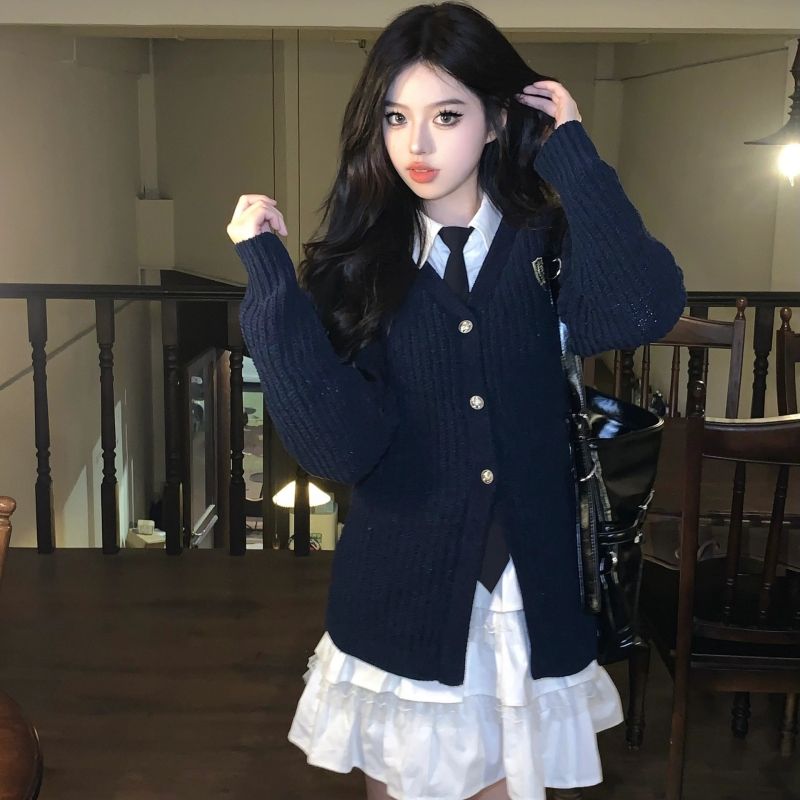 韩系休闲学院风开衫毛衣女秋冬学生减龄针织衫外套+衬衫两件套装