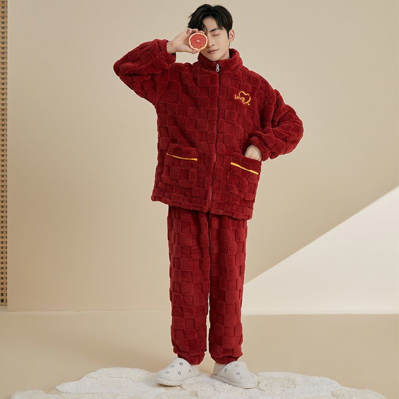 新款高档珊瑚绒男士睡衣秋冬季法兰绒红色套装保暖绒家居服可外穿