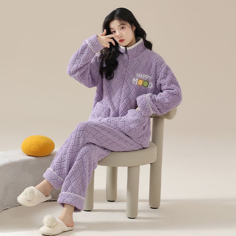 珊瑚絨睡衣女冬款加厚保暖玫瑰絨秋冬季韓版拉鏈可外穿家居服套裝