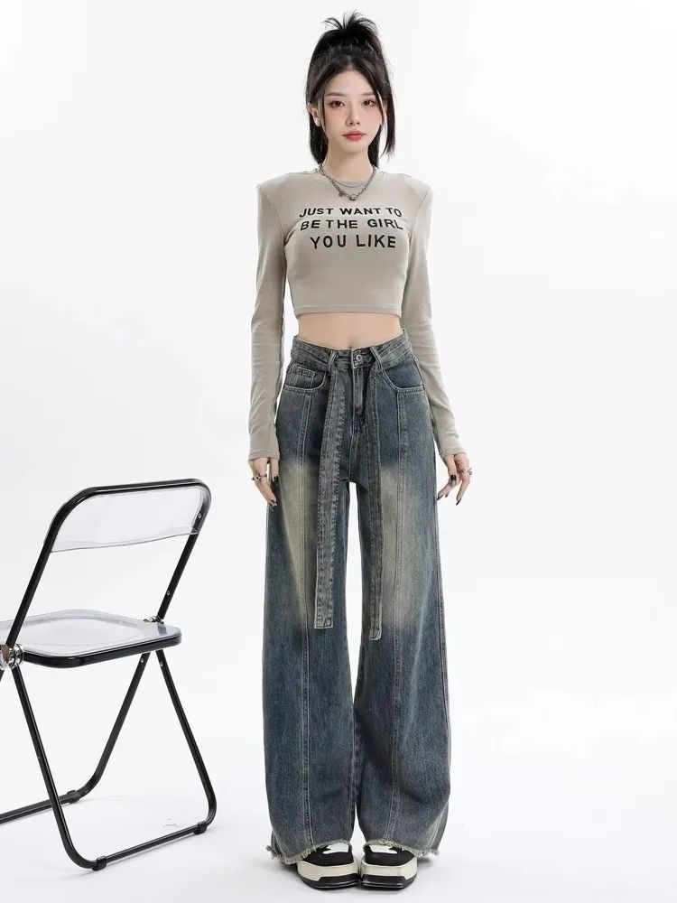 復古美式高街牛仔褲女2023秋季新款高腰寬鬆顯瘦直筒闊腿褲子ins