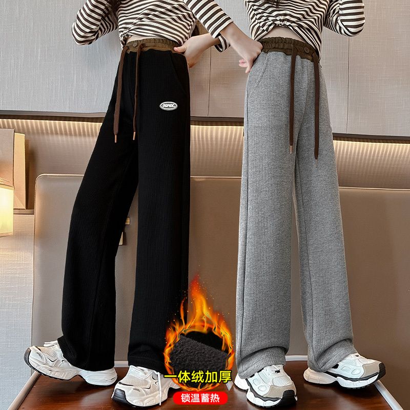 女童褲子加絨秋冬款2023新款冬裝加厚兒童裝大童保暖運動直筒衛褲