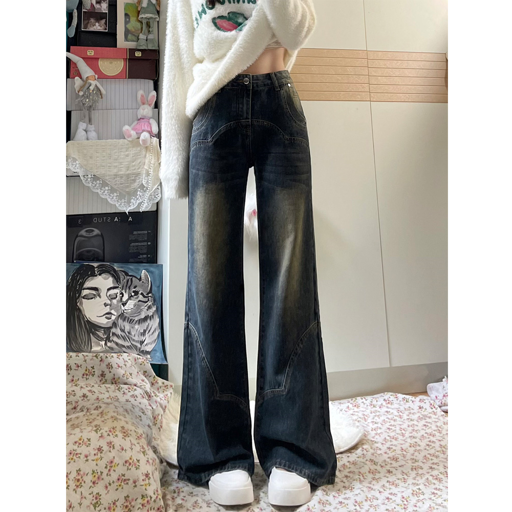 美式復古高街闊腿微喇牛仔褲女秋冬新款設計感寬鬆高腰拖地褲子潮