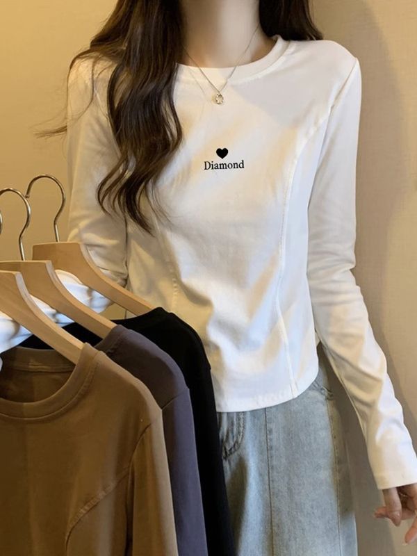 純棉長袖正肩t恤女內搭打底衫不規則辣妹顯瘦修身短款上衣春秋季