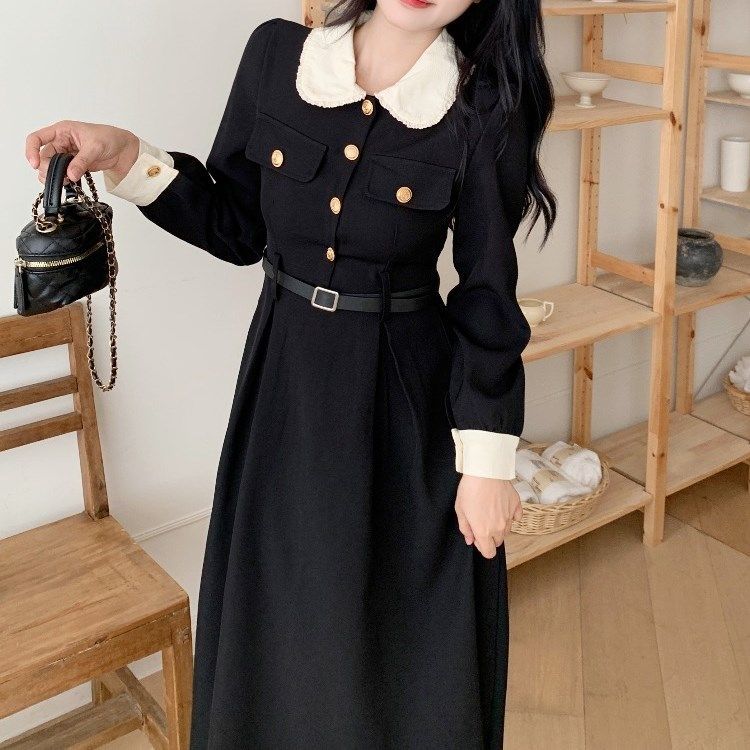 大碼胖mm初秋高腰翻領長袖連衣裙女韓版時尚洋氣赫本風a字長裙子
