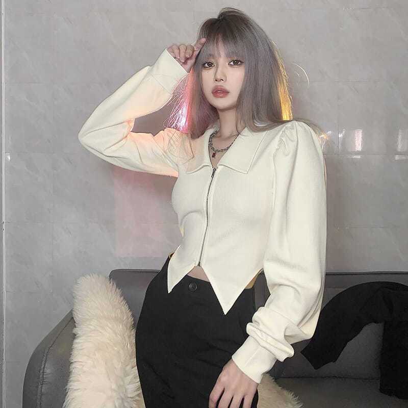 Retro Lapel Irregular Swallowtail Long Sleeve T-Shirt Versatile Slim Fit Tiramisu Chic Design Zipper Top for Women