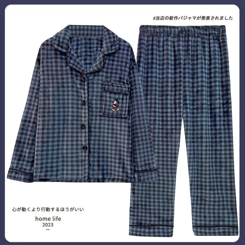珊瑚絨情侶睡衣女冬季藍格長袖加厚加絨男士秋冬法蘭絨家居服套裝