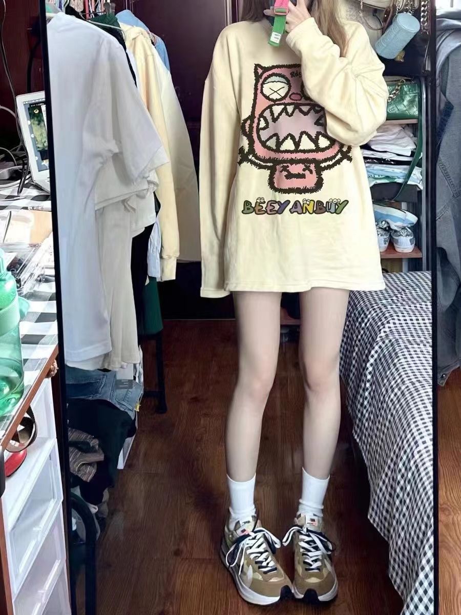 100%純棉春秋季新款美式復古杏色長袖t恤女學生韓版寬鬆百搭打底