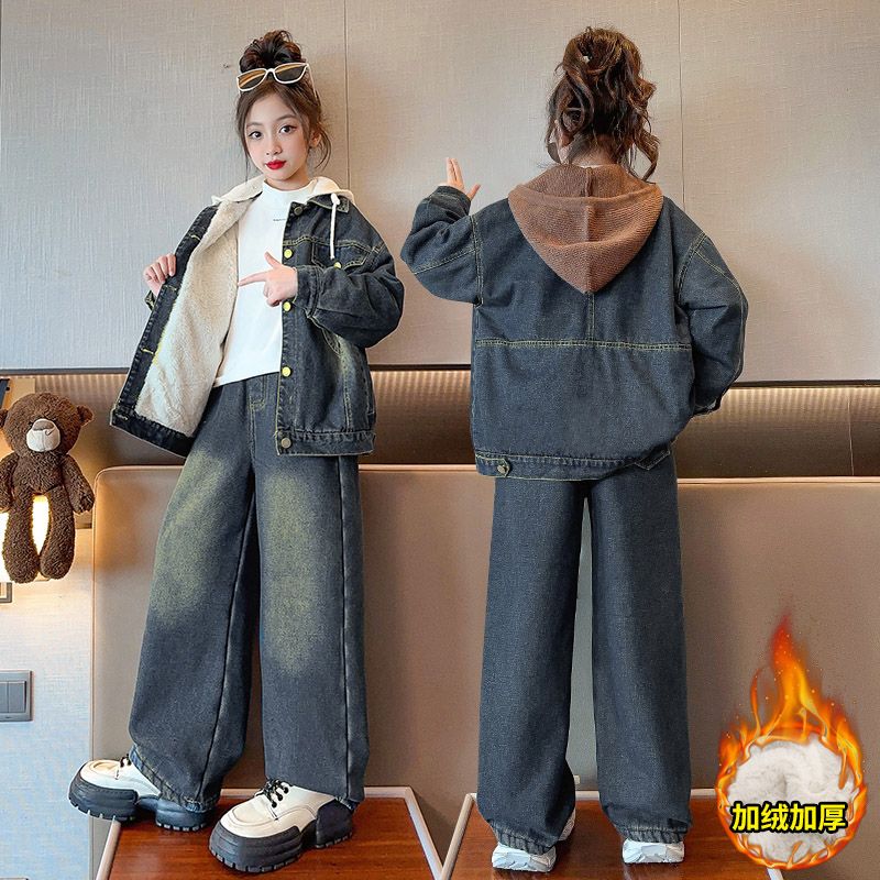 Autumn and winter suits for women 2023 new style velvet denim jacket Korean style wide-leg pants and jeans two-piece trendy set