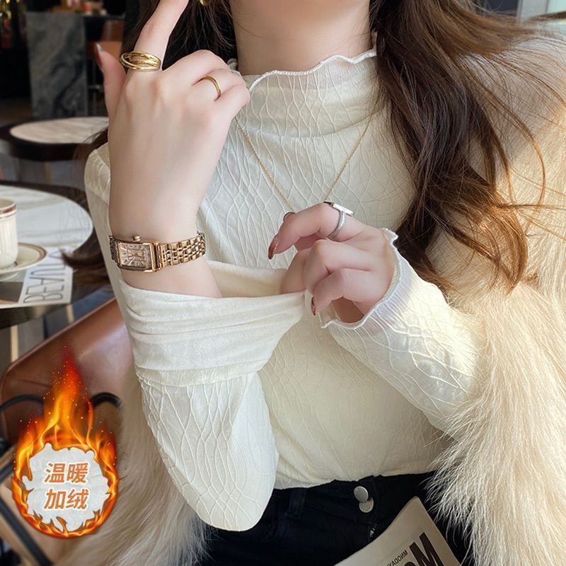 白色木耳邊半高領蕾絲加絨打底衫女秋冬新款洋氣內搭小衫網紗上衣